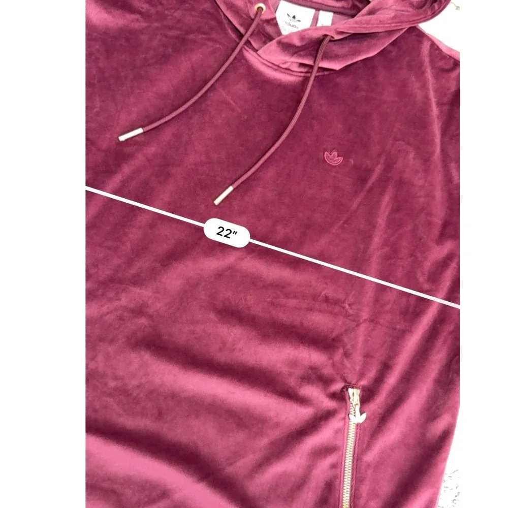 Adidas Velour Hoodie Small Maroon Trefoil Gold Zip Recycled Polyester